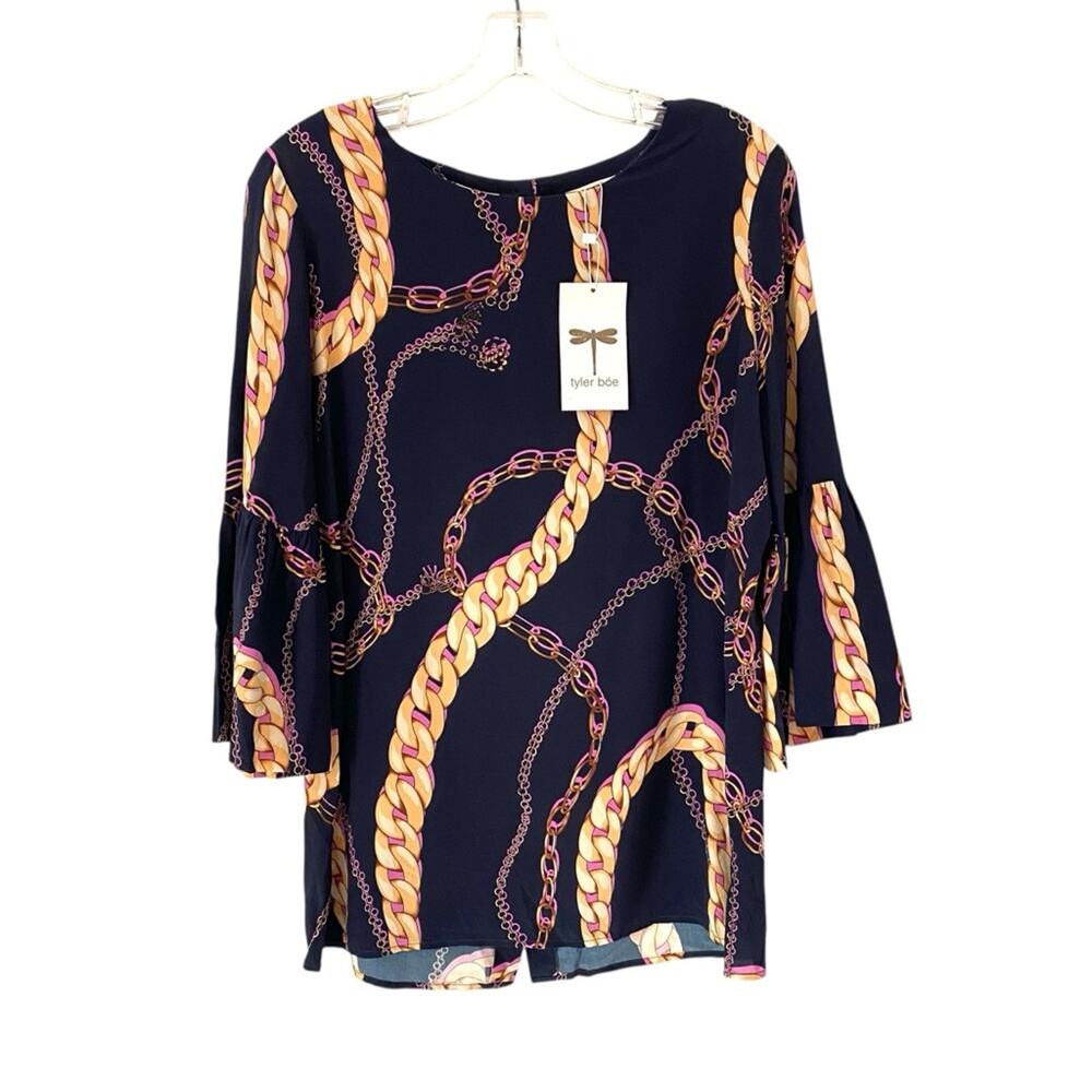 Tyler Boe NWTs Navy Blue Silk Chain Print Blouse size small